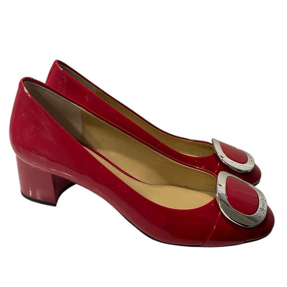 Michael Kors Pauline Mid-Heel Pumps Women's 8.5 Red Patent Leather Silver Buckle - Picture 1 of 7